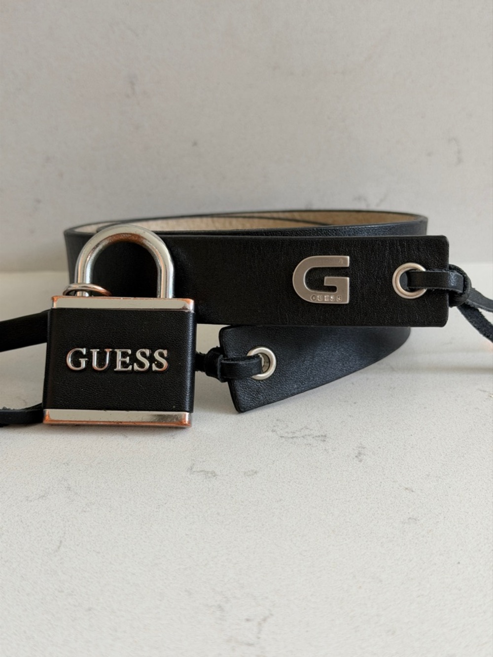 Guess Black Leather Belt with Tie Tassels and Lock Purse Charm